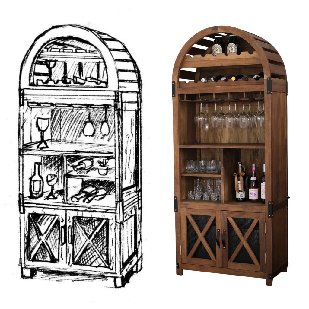 A sketch alongside an illustration of a wooden cabinet.